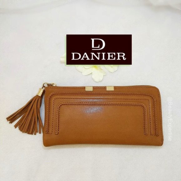 DANIER Genuine Leather Women’s Brown Zip Large Wallet Clutch Tassel Gold-tone - Picture 2 of 11